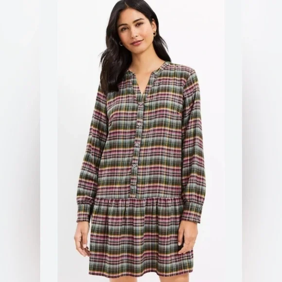 LOFT Multicolor Plaid Flounce Shirt Dress, colors green/pink/yellow, size MP - Picture 1 of 8